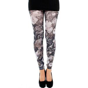 Footless tights floral black and white for women